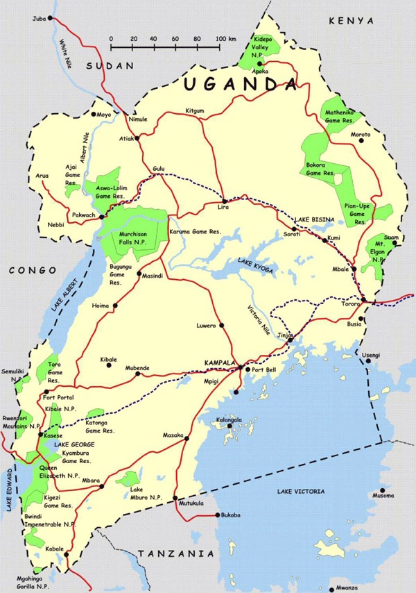 Uganda map with road distance and routes